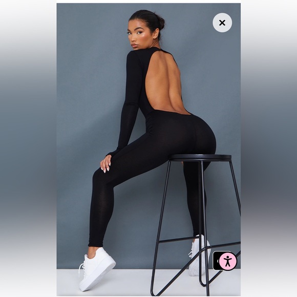 NWT Prettylittlething Black Thumbhole Open Back Jersey Jumpsuit - Picture 1 of 14
